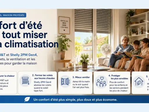 Une famille profite d'un confort thermique d'été à l'intérieur, avec des volets intelligents et une ventilation pour une maison fraîche.