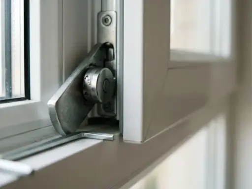 Detalle del mecanismo cierre ventana abatible, con palanca metálica y pivote.