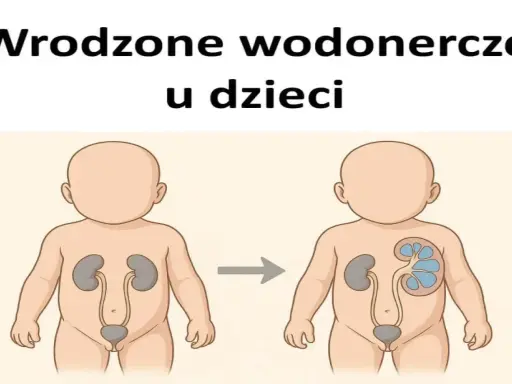 Ilustracja pokazuje powiększoną nerkę u dziecka, co może być objawem wrodzonych wad układu moczowego.