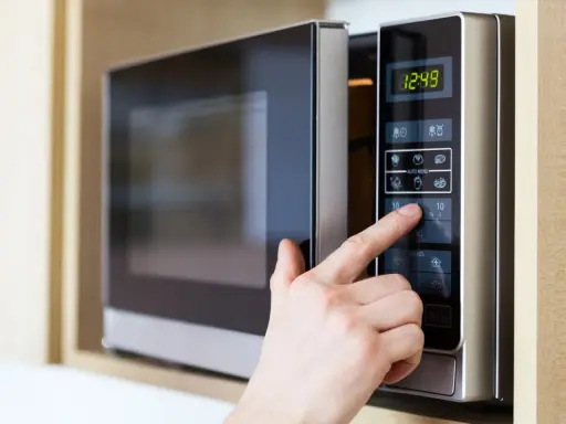 Finger drückt auf die "10" auf dem Bedienfeld einer Mikrowelle, um die Kochzeit einzustellen. Die Mikrowelle zeigt die aktuelle Uhrzeit an.