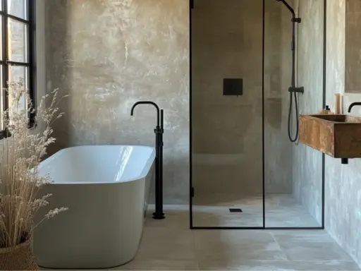 Bagno moderno con vasca freestanding, lavabo in legno e **doccia passante** in cristallo. Pareti effetto resina e dettagli neri.