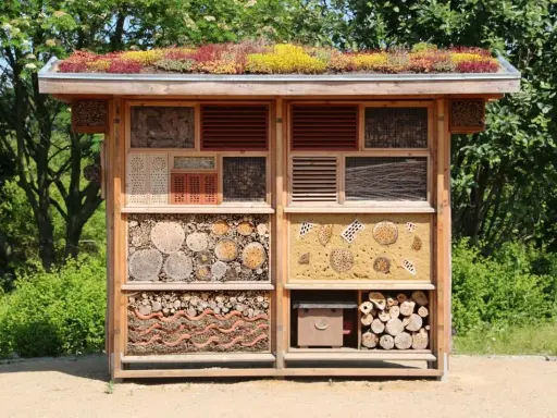Un hotel de insectos con techo verde, lleno de materiales naturales como troncos, cañas y ladrillos, ofrece refugio a pequeños animales.