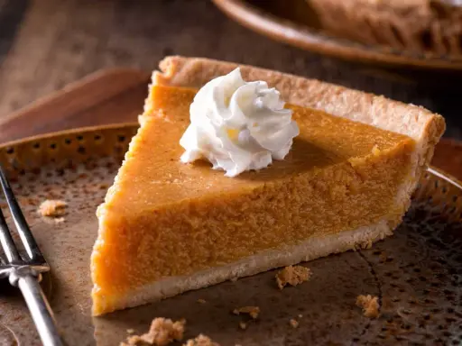 Kawałek pysznego pumpkin pie z bitą śmietaną na talerzu, gotowy do zjedzenia.