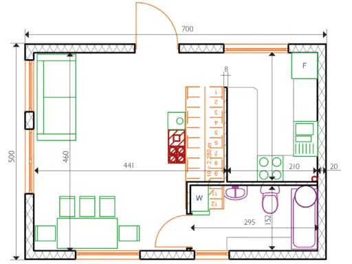 Projekt wnętrza domu 35m2: salon z kanapą i stolikiem, aneks kuchenny, łazienka.