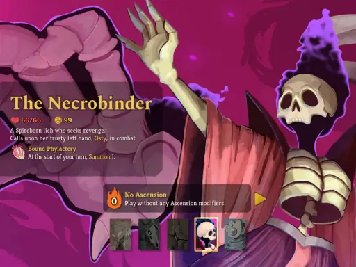 Postać "The Necrobinder" z gry Slay the Spire 2. Lich z kości, z kosą i płonącą czaszką, gotowa do walki.