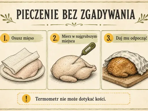 Instrukcja pieczenia kurczaka: osusz mięso, zmierz temperaturę w najgrubszym miejscu, daj mu odpocząć. Termometr nie może dotykać kości.