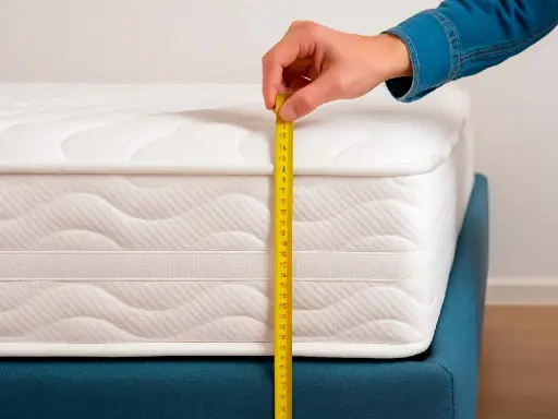 Mano mide el grosor del colchón blanco con una cinta métrica amarilla.