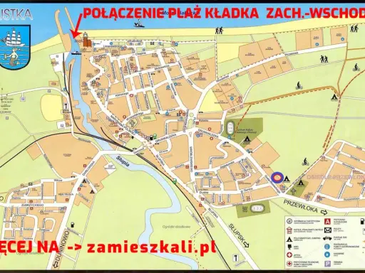 Mapa Ustki z zaznaczonymi atrakcjami, w tym połączeniem plaży kładką zachód-wschód. Znajdziesz tu port, promenadę, centrum kultury i wiele innych ustka atrakcje.