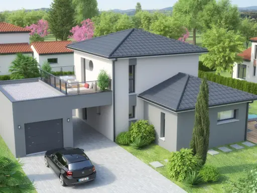 Une maison contemporaine en L avec garage, terrasse sur le toit et jardin verdoyant.