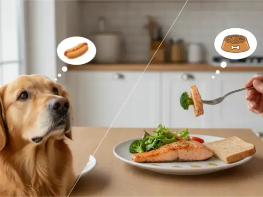 Golden retriever marzy o parówce, ale wie, czego nie może jeść pies – zdrowy łosoś z brokułami czeka na talerzu.