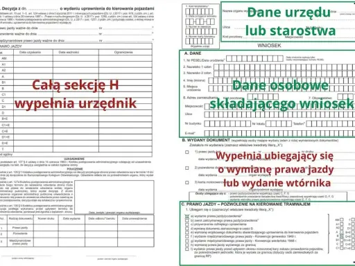 Wniosek KW-WPIS wzór wypełnienia spadek. Dane urzędu lub starostwa, dane osobowe składającego wniosek, wypełnia ubiegający się o wymianę prawa jazdy lub wydanie wtórnika.