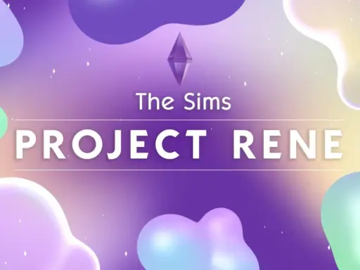 The Sims: Project Rene. Kolorowe, abstrakcyjne kształty na fioletowo-żółtym tle.