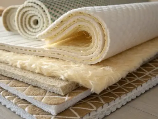 Échantillons de matériaux pour l'isolation textile recyclé, montrant différentes textures et épaisseurs.