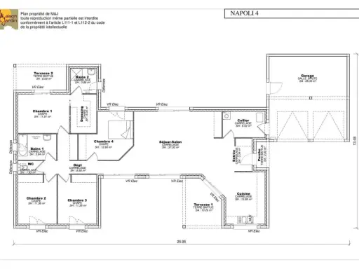Plan d'une maison Napoli 4 avec garage, 4 chambres, séjour-salon, cuisine, cellier, 2 terrasses. Ce type de maison offre un espace de vie spacieux.