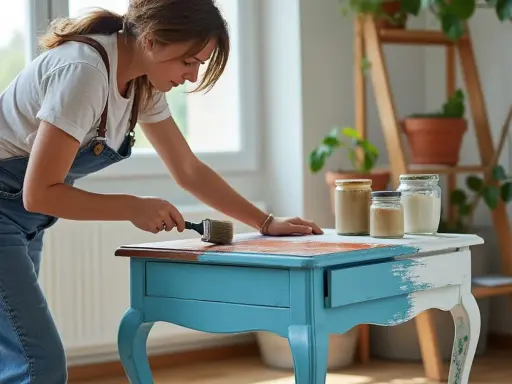 Une femme en salopette bleue redonne vie à une table ancienne, la transformant en un meuble unique.