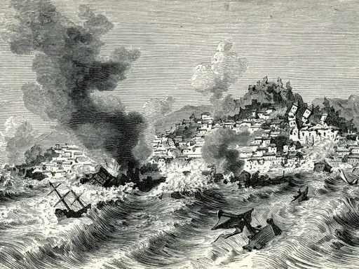 Das Erdbeben in Lissabon 1755: Zerstörung, Brände und ein Tsunami verwüsten die Stadt und die Küste. Schiffe kentern in den Wellen.