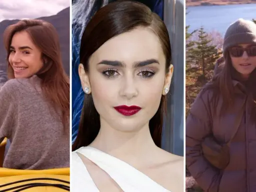 Lily Collins i en gul kajak, nära en sjö med berg. Lily Collins med smink och rött läppstift. Lily Collins i en dunjacka och mössa i naturen.