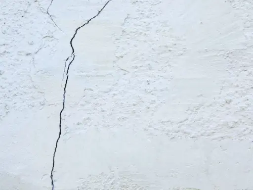 Un muro de casa blanco con una grieta oscura que lo atraviesa. La textura es rugosa y desigual.