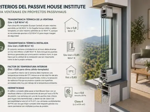 Detalle de ventanas passivhaus con criterios de transmitancia térmica, temperatura interior y hermeticidad.