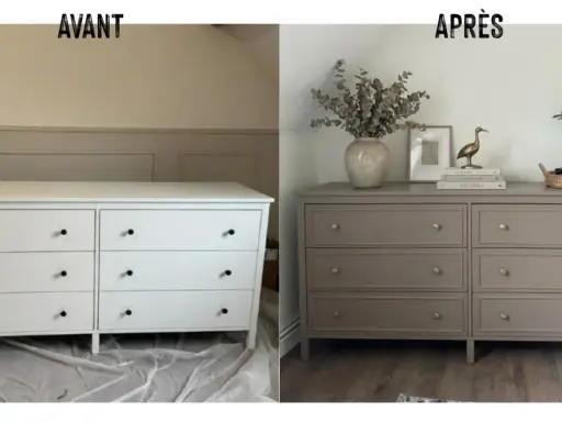 Avant/après : un commode blanc basique transformé par un décapage et relooking. Le nouveau look taupe avec poignées dorées est chic.