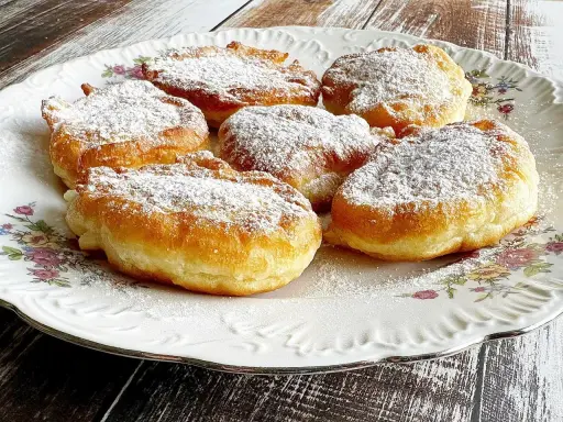 Puszyste racuchy z jabłkami na jogurcie, posypane cukrem pudrem, kuszą swoim wyglądem.