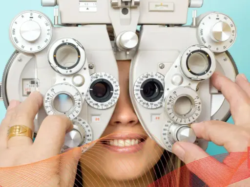 Badanie optometryczne: pacjent uśmiecha się, gdy optometrysta reguluje soczewki refraktora.