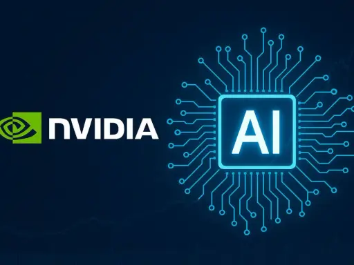 Logo NVIDIA i symbol AI na tle wykresu giełdowego. Nvidia akcje rosną dzięki sztucznej inteligencji.