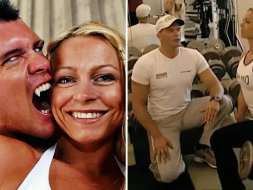 Zeke och Indra: en vampyr som biter en kvinna, och en kvinna som tränar med vikter på ett gym.
