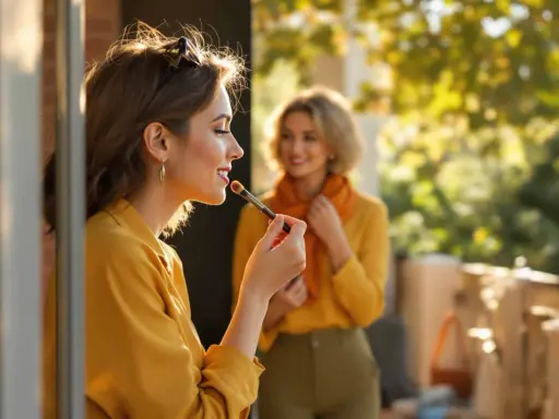 Quelle lumière pour se maquiller ! Une jeune femme applique du rouge à lèvres sur son balcon, baignée d'une douce lumière dorée.