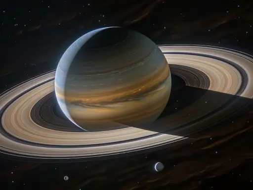 Saturn, majestatyczny **Saturn znak zodiaku**, otoczony pierścieniami, lśni w kosmosie.