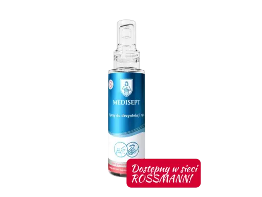 Butelka sprayu do dezynfekcji rąk MEDISEPT z napisem "Dostępny w sieci ROSSMANN!".