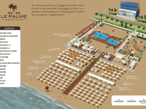 Mappa del Bagno 88-89 Le Palme Beach Club a Riccione, con piscine, aree giochi, campi da beach volley e servizi.
