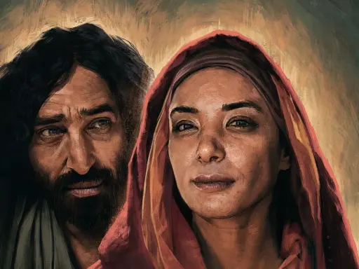 Nahaufnahme von Jesus und Maria, ihre Gesichter im warmen Licht. Maria blickt zuversichtlich, Jesus nachdenklich.