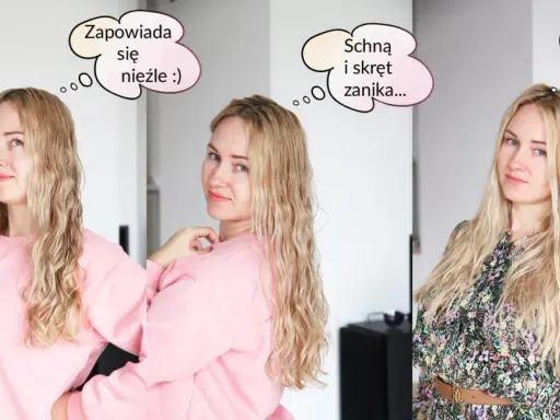 Kobieta z blond włosami pokazuje, jak wydobyć skręt z prostych włosów. Początkowo włosy są lekko pofalowane, ale po wyschnięciu stają się proste.