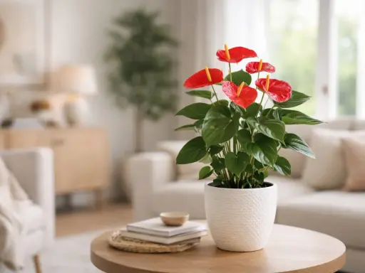 Anthurium rouge vif, une langue de feu éclatante, sur une table basse dans un salon cosy.
