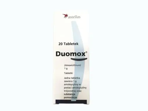 Opakowanie leku Duomox 1g, zawierające 20 tabletek. Stosowany na infekcje bakteryjne.