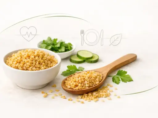 Kasza bulgur w misce i na łyżce, obok plasterki ogórka i zielenina. Czy kasza bulgur jest zdrowa? Tak, to bogactwo błonnika i witamin.