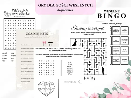 Gry weselne dla gości: wykreślanka, bingo, labirynt i zgadywanki. Zabawy pomogą umilić czas oczekiwania na Parę Młodą.