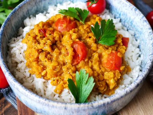Herzhaftes rote Linsen Curry mit Reis, garniert mit frischer Petersilie und Kirschtomaten. Ein Genuss für die Sinne!