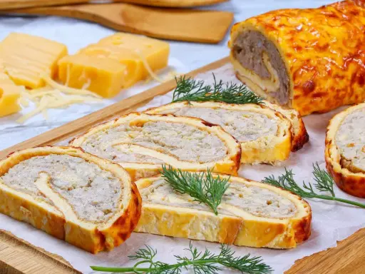 Pyszna rolada serowa z kurczakiem, pokrojona w plastry, z dodatkiem sera i koperku.