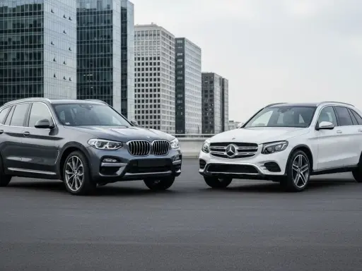 Dwa luksusowe mercedes suv modele, biały i szary, stoją obok siebie na tle nowoczesnych wieżowców.