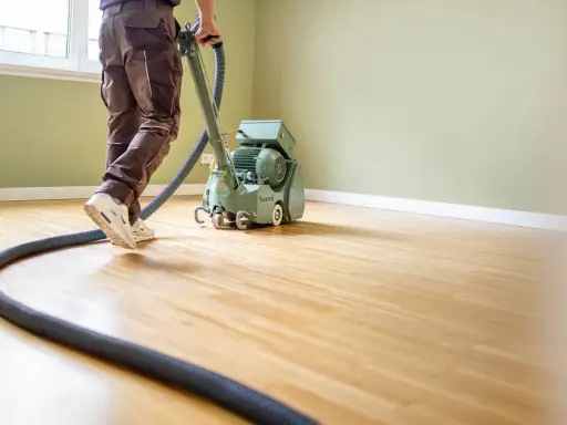 Mann bearbeitet einen Holzboden mit einer Schleifmaschine. Der Parkettboden schleifen ist eine wichtige Arbeit für die Renovierung.