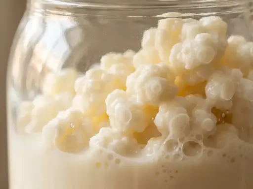 Milch-Kefir-Kulturen in einem Glas, bereit zur Fermentation. Diese lebenden Organismen wandeln Milch in ein probiotisches Getränk um.