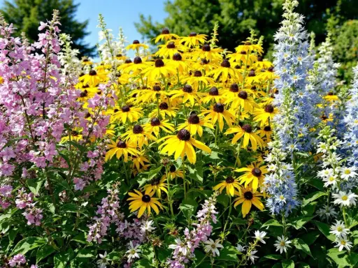 Un parterre coloré de fleurs jaunes, roses et bleues. La plante vivace aux fleurs jaunes, qui fleurit de mai à octobre, domine le centre.