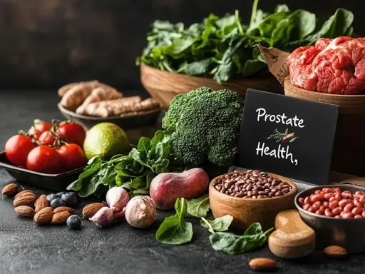 Zdjęcie przedstawia kompozycję zdrowych produktów spożywczych, takich jak warzywa, owoce i orzechy, z tabliczką "Prostate Health".