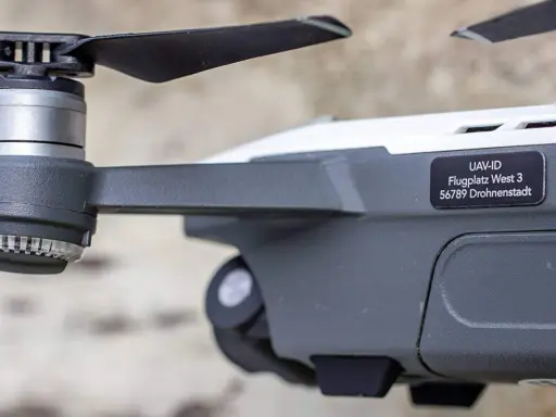 Nahaufnahme einer e-id drohne mit Propeller und Aufkleber "UAV-ID Flugplatz West 3 56789 Drohnenstadt".