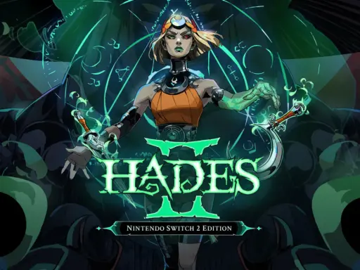Melaina z Hades 2 na PS5, otoczona mrocznymi postaciami i zielonymi runami, dzierży dwa zakrzywione miecze.