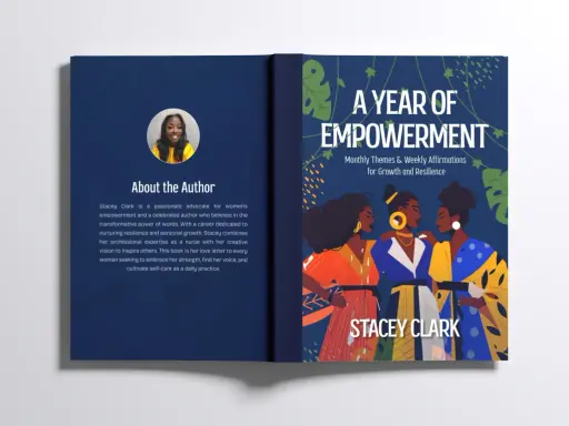 Comment faire la couverture d'un livre : livre "A Year of Empowerment" par Stacey Clark, avec illustration de femmes et texte sur l'autrice.