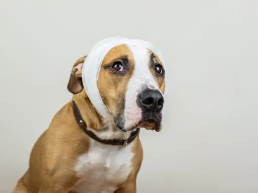 Un chien au pelage brun et blanc porte un bandage blanc autour de la tête, suggérant un hématome à l'oreille.