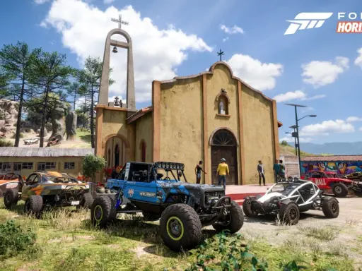 Wymagania Forza Horizon 5: terenowe pojazdy przed kościołem w Meksyku.